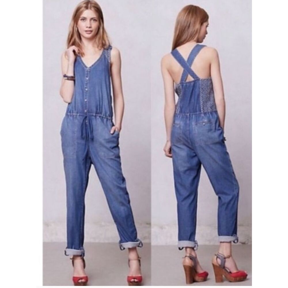 Holding Horses Denim Romper Jumpsuit Boho Button  Chambray Anthropologie small 6